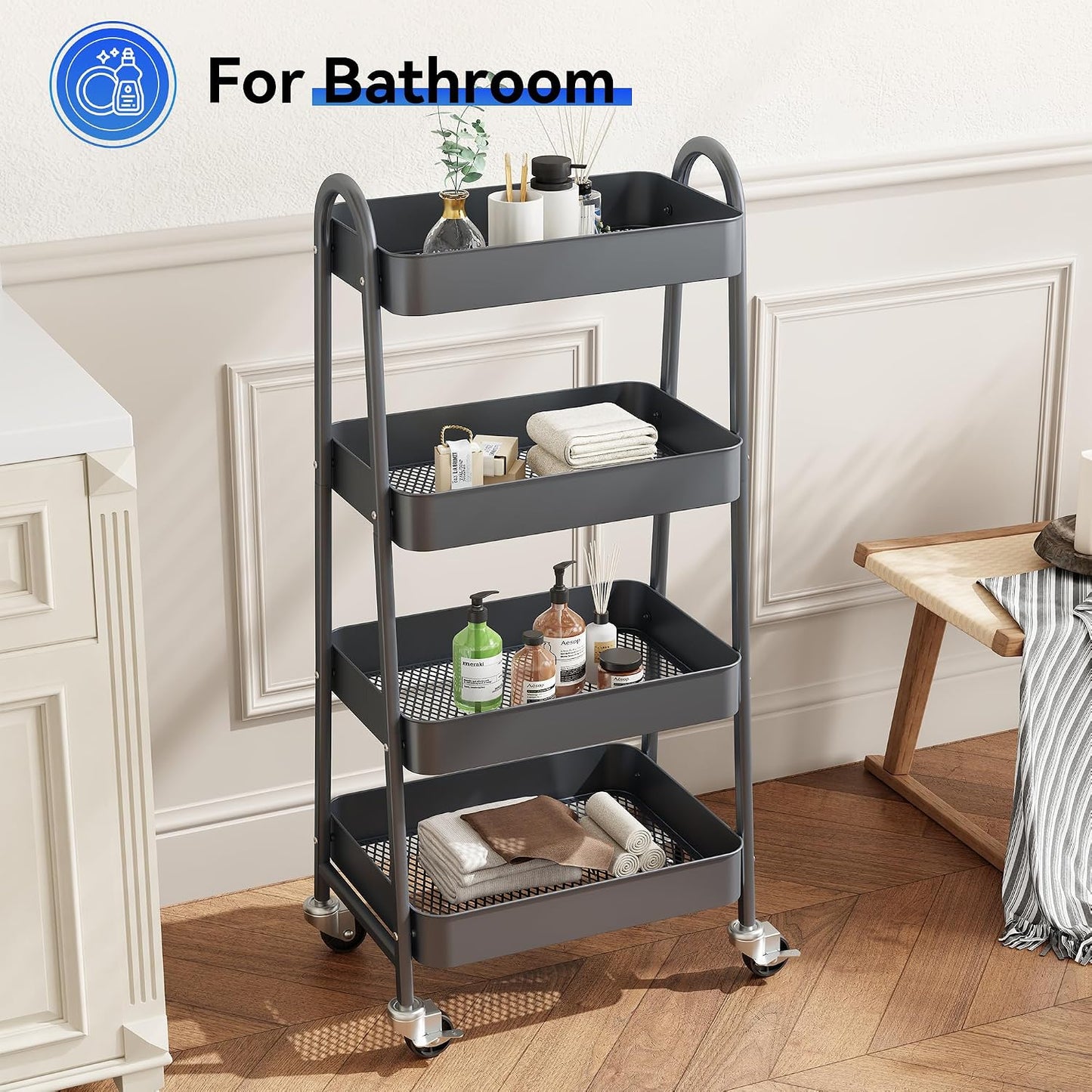 OLIXIS Metal 4 Tiers Utility Rolling Cart, Mobile Storage Shelf with Lockable Caster Wheels, Organization for Livingroom, Bathroom, Kitchen, & Narrow Places, 4-Tier Green