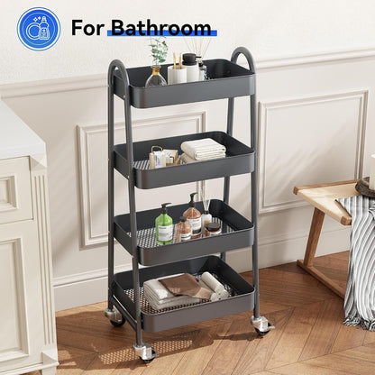 OLIXIS Metal 4 Tiers Utility Rolling Cart, Mobile Storage Shelf with Lockable Caster Wheels, Organization for Livingroom, Bathroom, Kitchen, & Narrow Places, 4-Tier Green