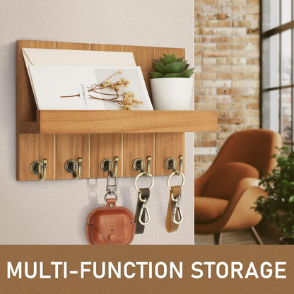 Rebee Vision Decorative Key Holder Wall Mount - Rustic Key Holder for Wall with Shelf and Mail Organizer for Living Room Decor - Home Essentials for Home Improvement (Brown, 3.54" x 10" x 7.28")