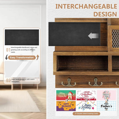 Key Holder Wall Mount, Wooden Mail and Key Organizer with Chalkboard and Mirror, 3 Greeting Cards, 8 Hooks, Brown