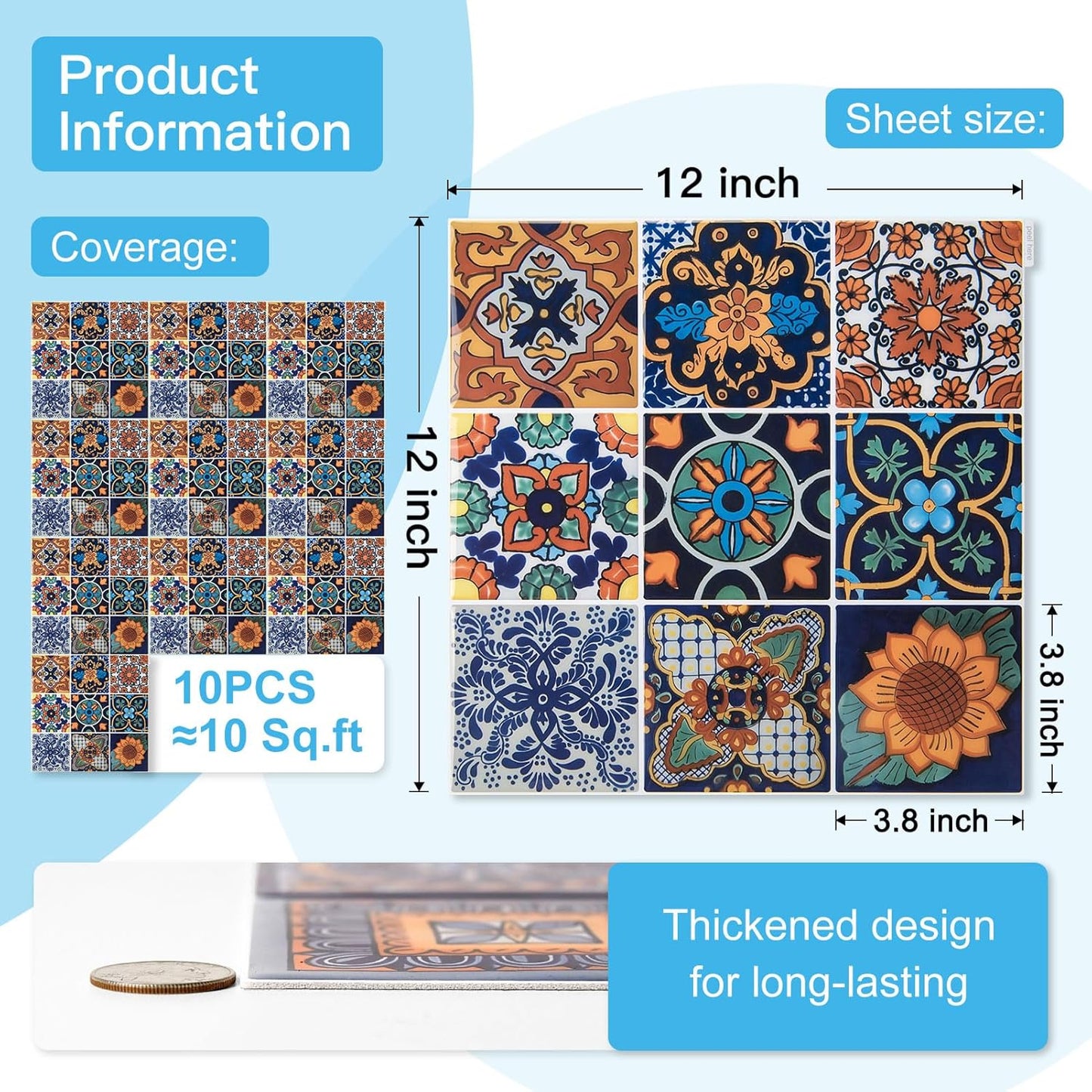 Art3d Talavera Hand-painted Waterproof Peel and Stick Backsplash Tile for Kitchen & Living Room, Sun & Moon Floral Design - 10-Pack of 12 x 12 Inch