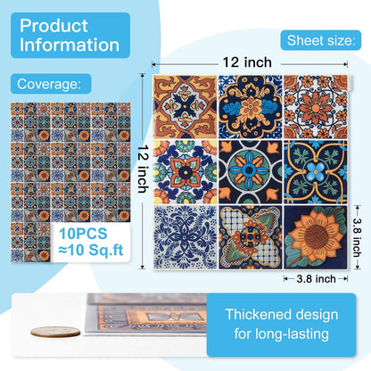Art3d Talavera Hand-painted Waterproof Peel and Stick Backsplash Tile for Kitchen & Living Room, Sun & Moon Floral Design - 10-Pack of 12 x 12 Inch