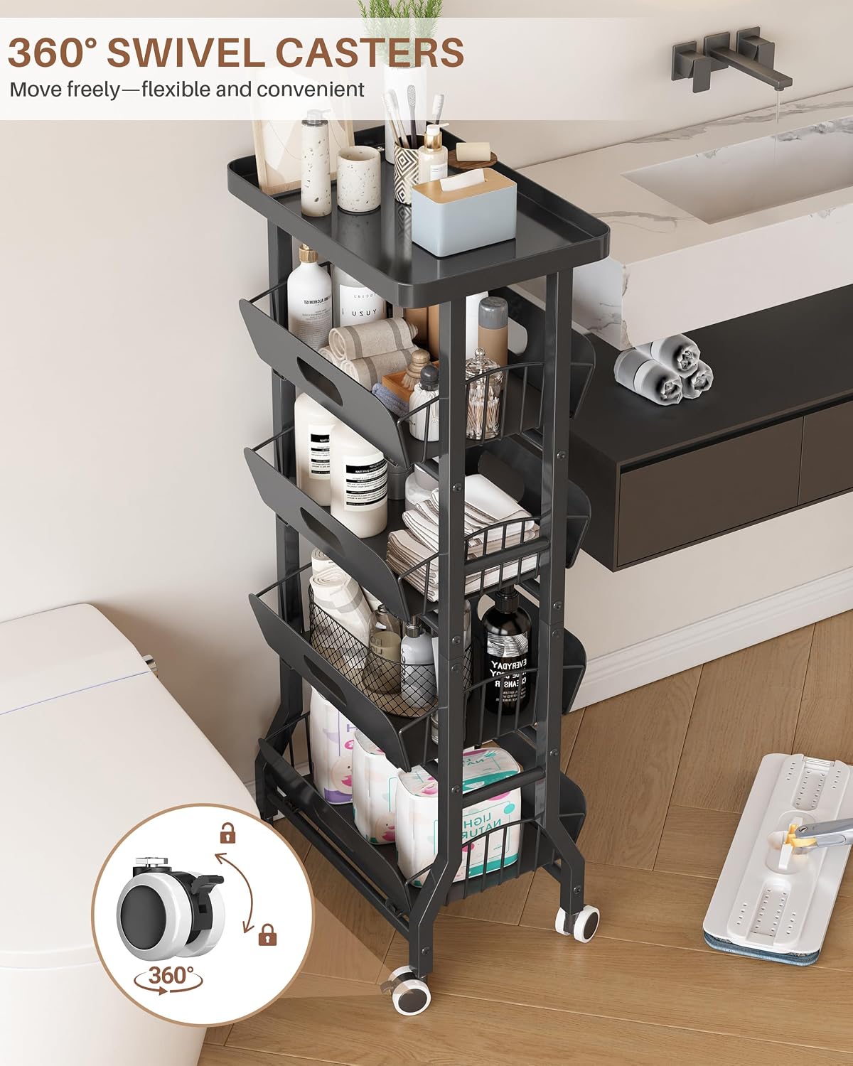 4 Tier Slim Fridge Side Cart with Slide Track Pull Out Baskets, Rolling Metal Kitchen Gap Storage Trolley