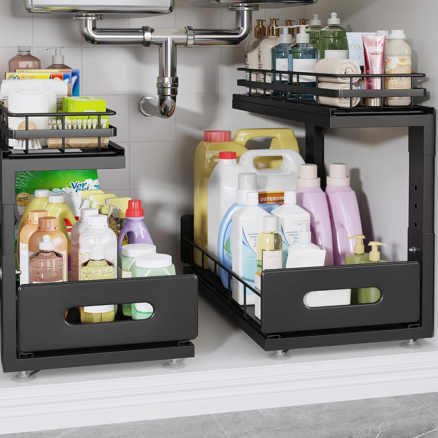 Under Sink Organizer Upgrade To Professional Rails,2-Tier Dual Pull Out Cabinet Storage,Height Adjustable Slide Out Drawers For Bathroom Kitchen,2 Pack-14.5" Dx12.8-16.9" H,White
