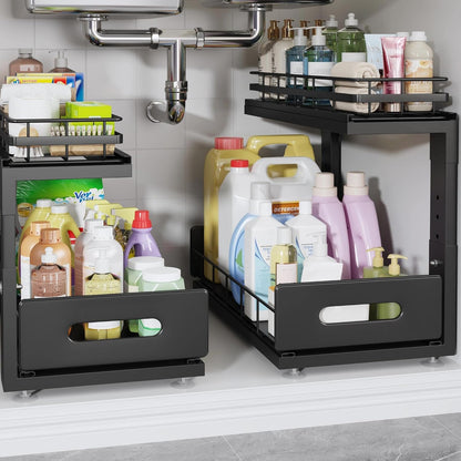 Under Sink Organizer Upgrade To Professional Rails,2-Tier Dual Pull Out Cabinet Storage,Height Adjustable Slide Out Drawers For Bathroom Kitchen,2 Pack-14.5" Dx12.8-16.9" H,White