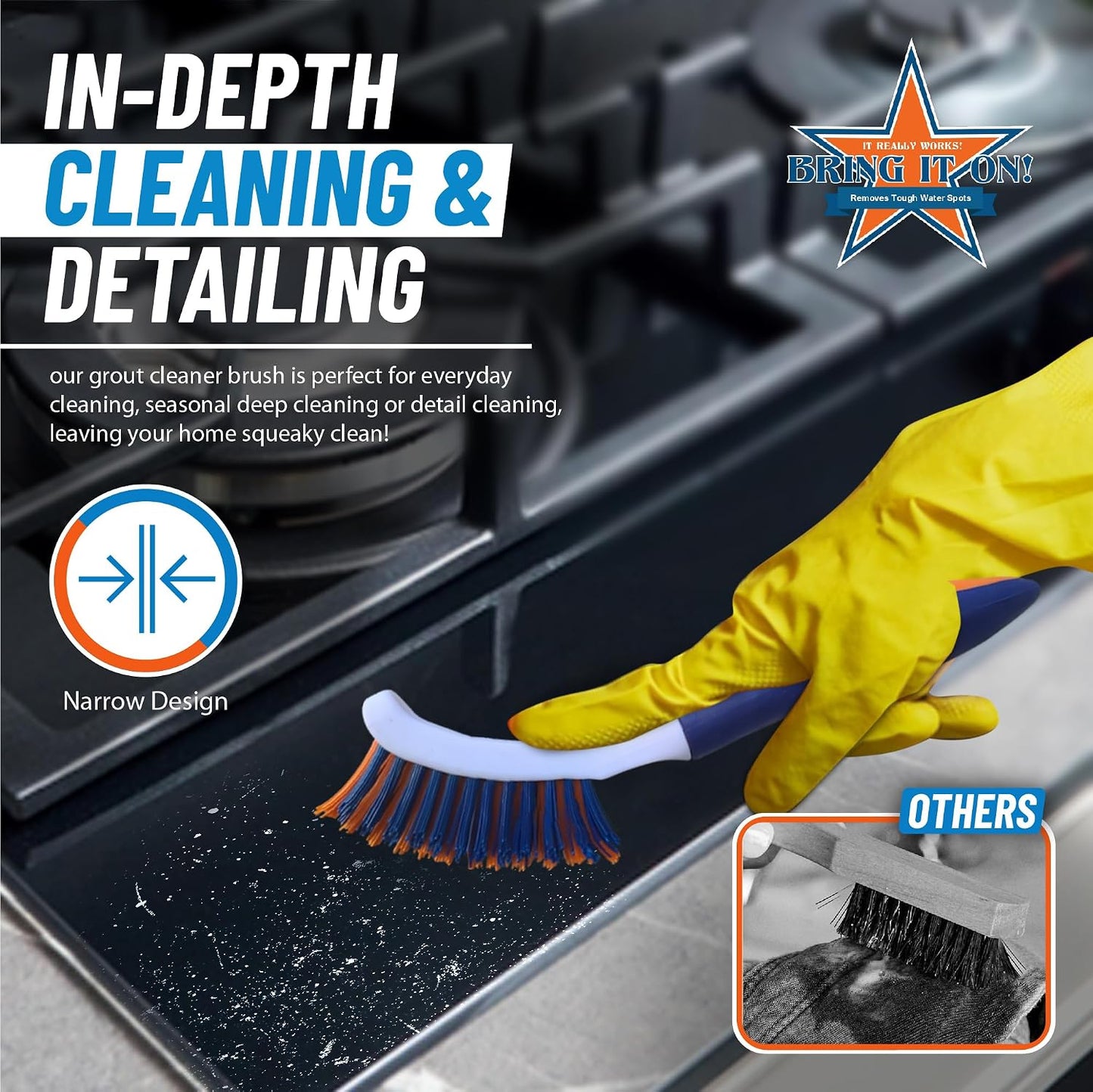 Bring It On Grout Cleaning Brush – Crevice Cleaning Brush with Stiff Nylon Bristles – Heavy-Duty Grout and Tile Cleaner Brush – Scrubbing Brush for Corners, Bathroom, Kitchen, Crevice Gaps