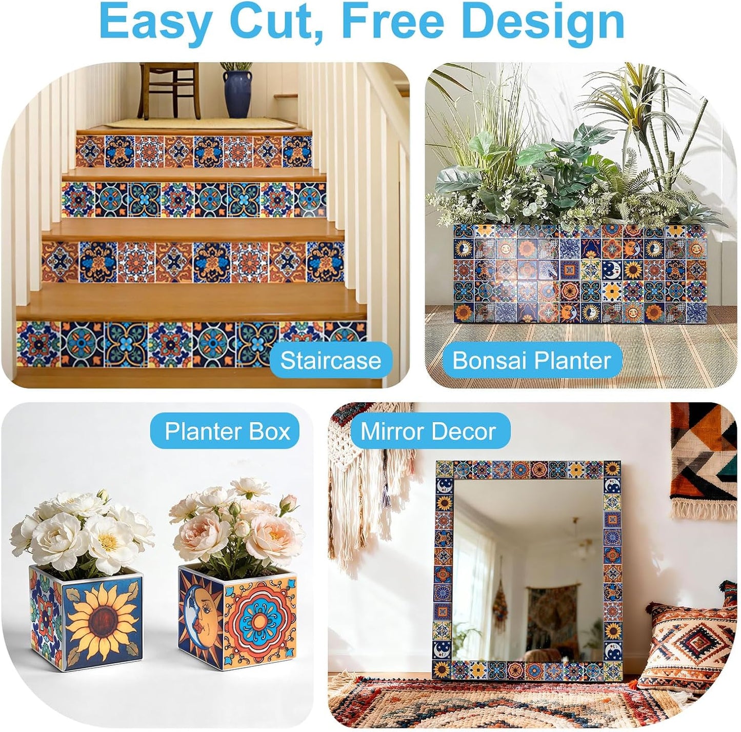 Art3d Talavera Hand-painted Waterproof Peel and Stick Backsplash Tile for Kitchen & Living Room, Sun & Moon Floral Design - 10-Pack of 12 x 12 Inch