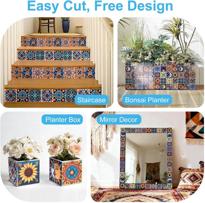 Art3d Talavera Hand-painted Waterproof Peel and Stick Backsplash Tile for Kitchen & Living Room, Sun & Moon Floral Design - 10-Pack of 12 x 12 Inch