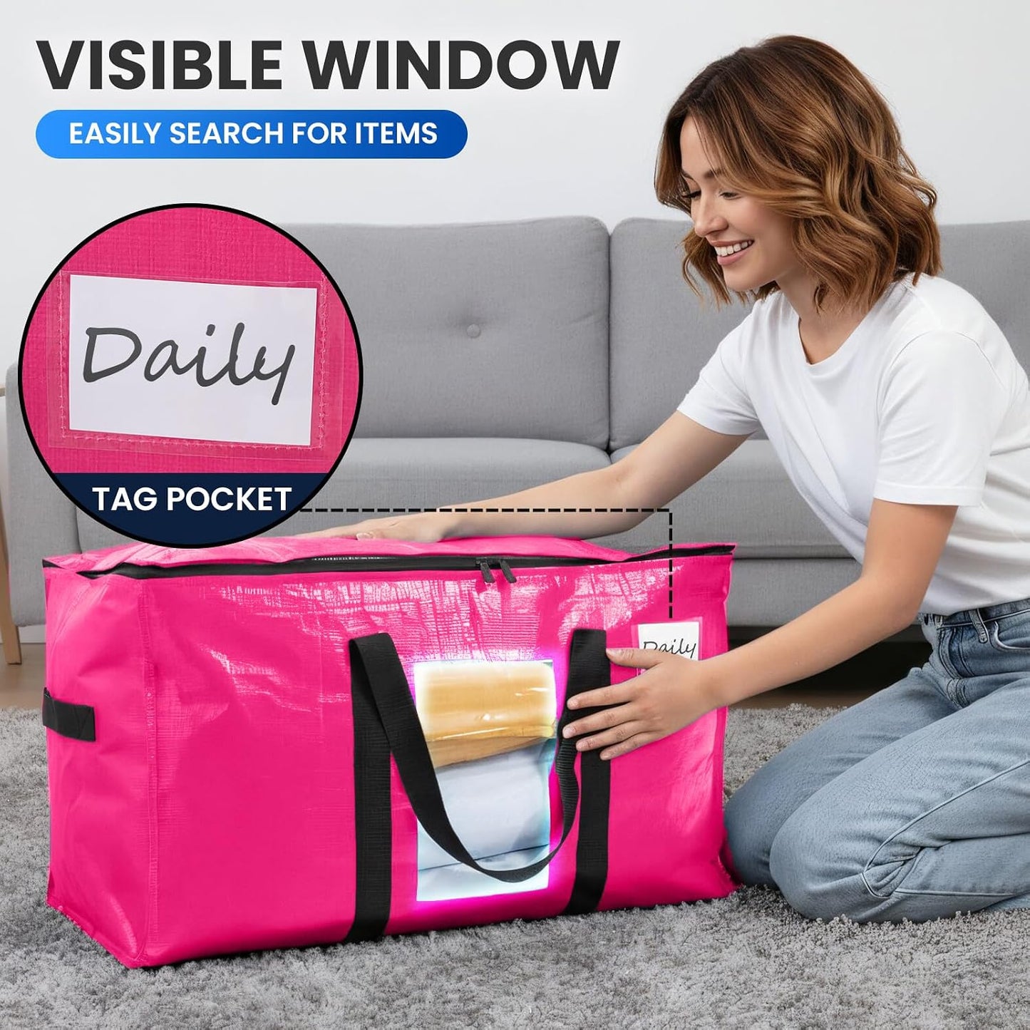 TAILI Extra Large Moving Bags, 4 Pack Blue Heavy Duty Totes For Storage with Visible Window, Wrap Around Handles, Storage Bags for Space Saving, Alternative to Moving Boxes