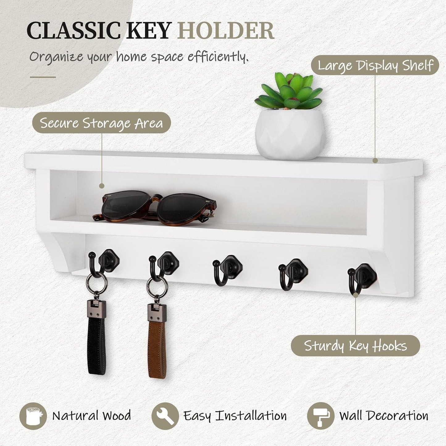 Nekon Key Holder Wall Mount, Wall Organizer Shelf with 5 Key Hooks, Room Decor for Home and Apartment Essentials, White