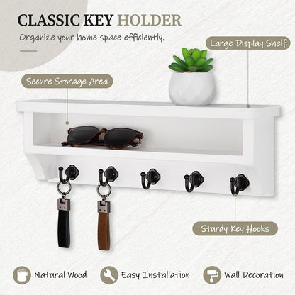 Nekon Key Holder Wall Mount, Wall Organizer Shelf with 5 Key Hooks, Room Decor for Home and Apartment Essentials, White