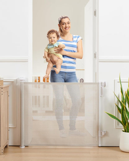 Retractable Baby Gate, Exquisite Rattan Mesh, 33" Tall, Expands to 55" Wide, Dog Gate for Stairs, Doorway, Hallway, Indoor/Outdoor Pet Fence, Walk-Through Design with No Bottom Bar, Beige