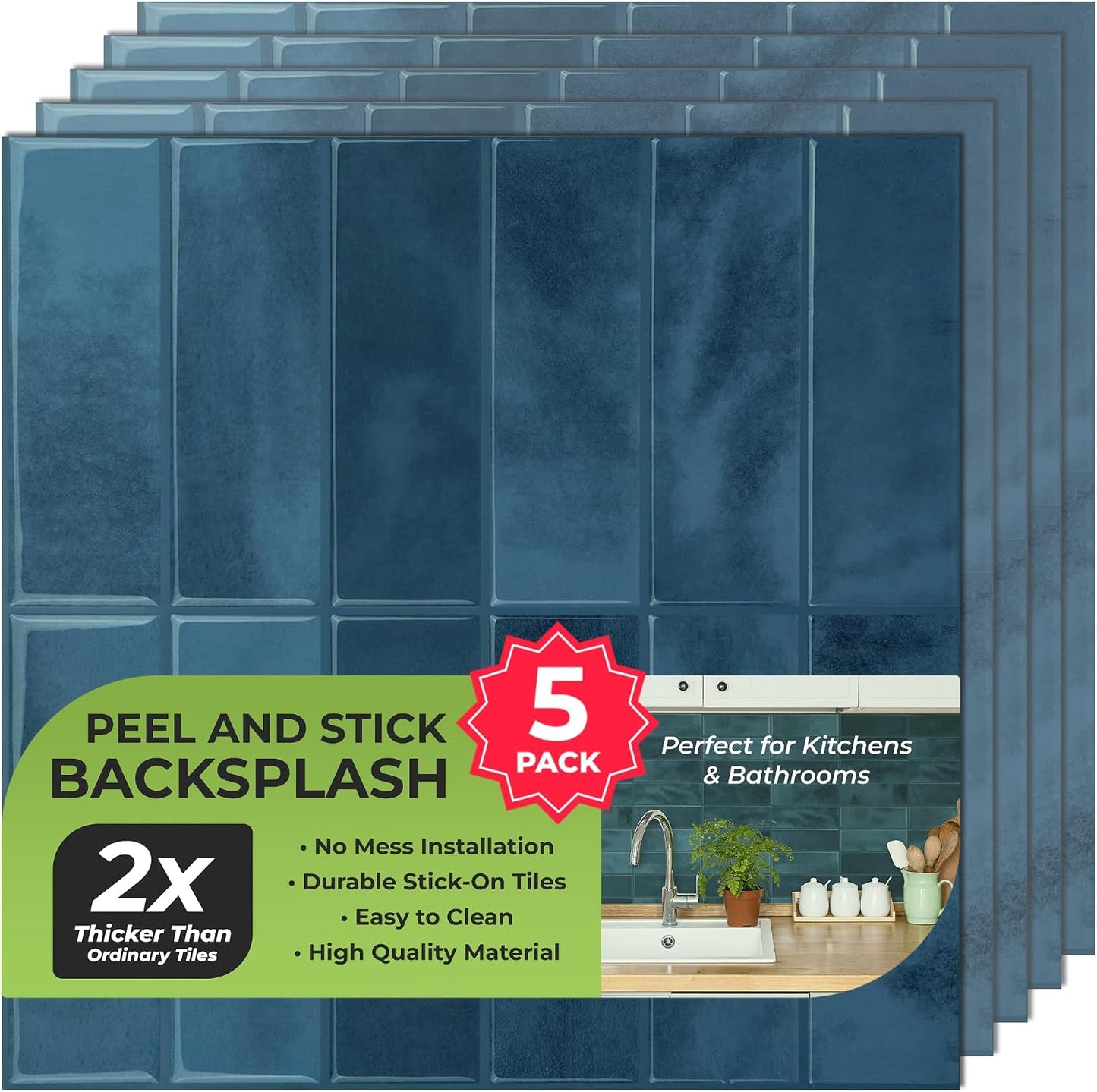 Peel and Stick Subway Backsplash Tiles, 5 Pack, 12 x 12 in, Almond | extra thick 3D wall panels, heat and water resistant wall panels, easy DIY kitchen, bathroom, laundry, fireplace wall décor