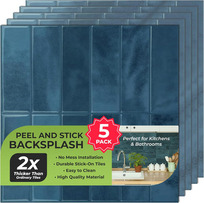 Peel and Stick Subway Backsplash Tiles, 5 Pack, 12 x 12 in, Almond | extra thick 3D wall panels, heat and water resistant wall panels, easy DIY kitchen, bathroom, laundry, fireplace wall décor