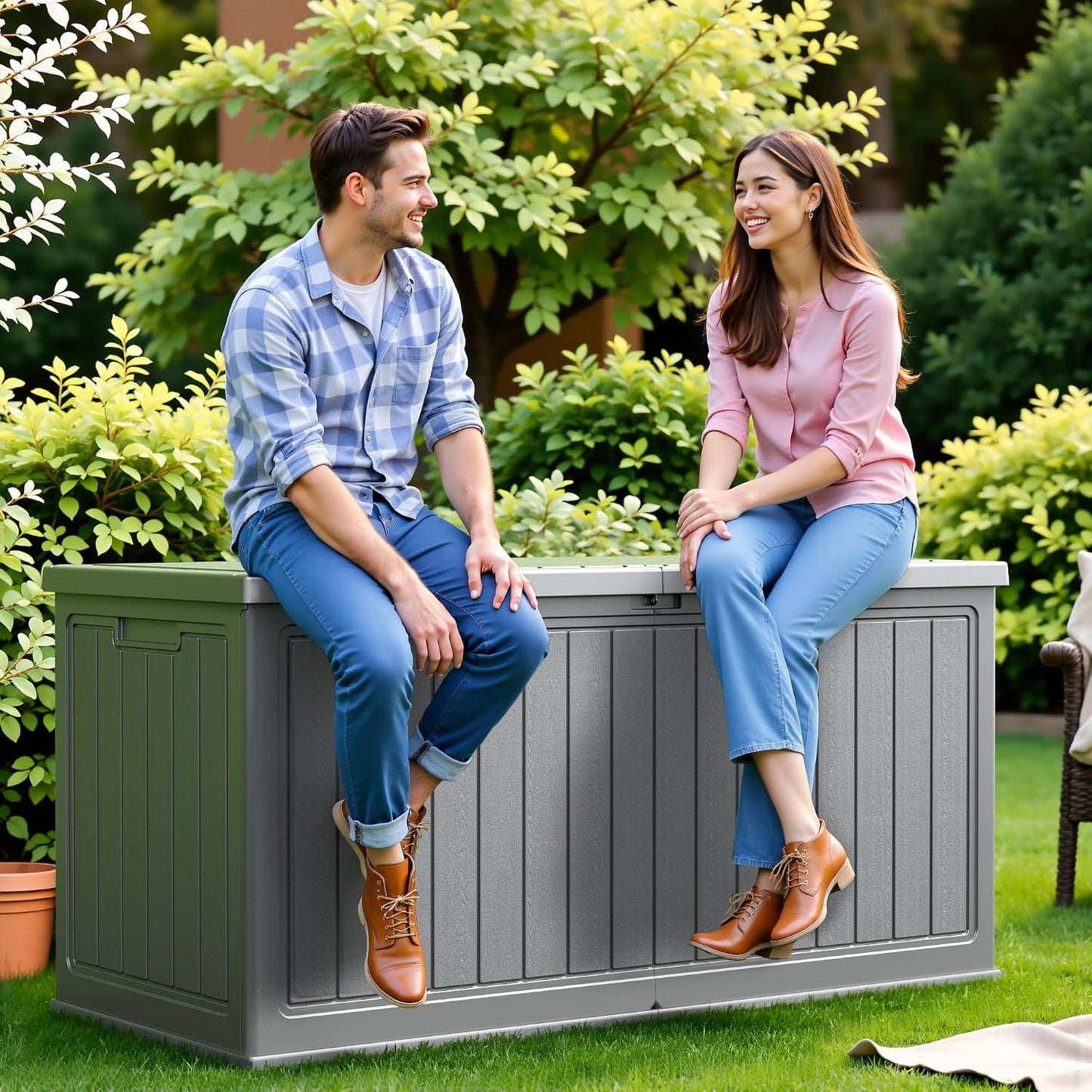 Flamaker Resin Deck Box 120 Gallon Waterproof Large Outdoor Indoor Storage Box Imitation Wood Resin for Patio Furniture Garden Tools and Pool (Black)