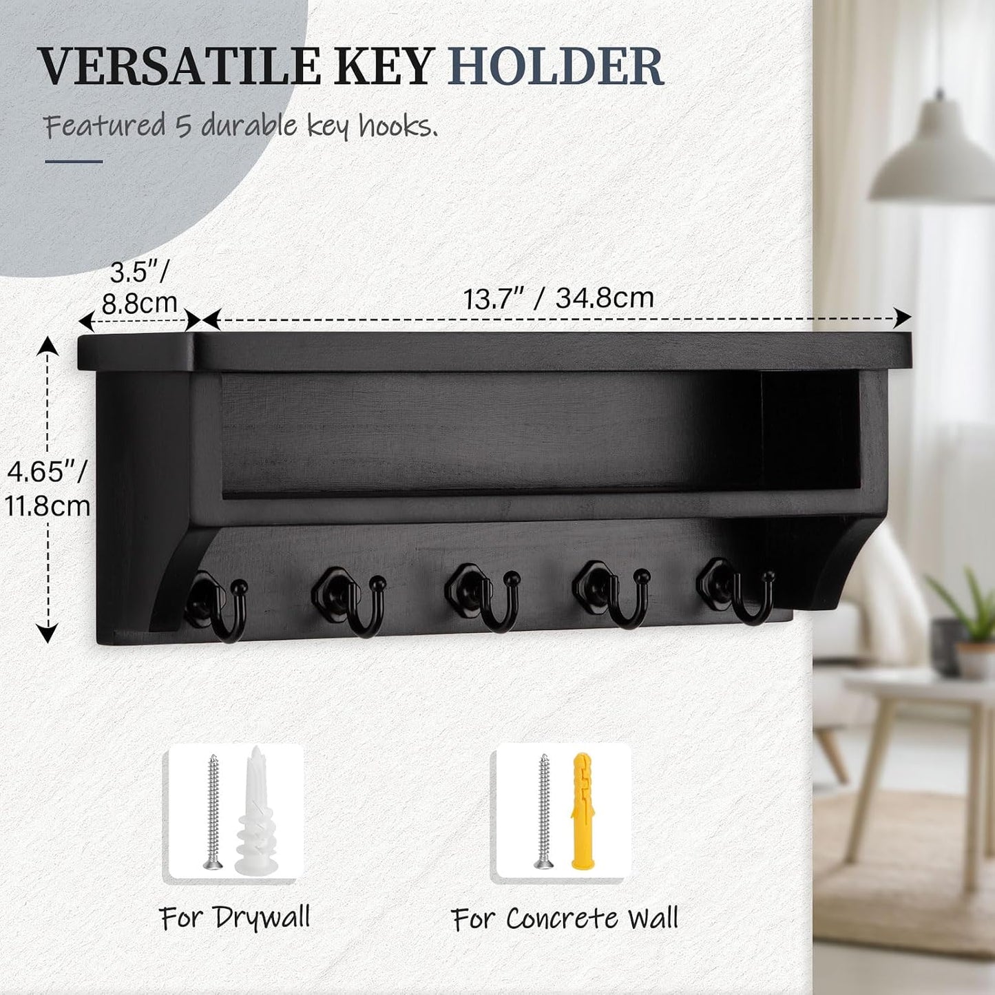 Nekon Key Holder Wall Mount, Wall Organizer Shelf with 5 Key Hooks, Room Decor for Home and Apartment Essentials, White