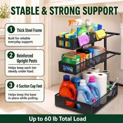 3 Tier Under Sink Organizer,2 Pack Pull Out Cabinet Shelves with Adjustable Height,Heavy Duty Carbon Steel L-Shaped Storage for Kitchen Bathroom Sink,Pantry & Laundry,White