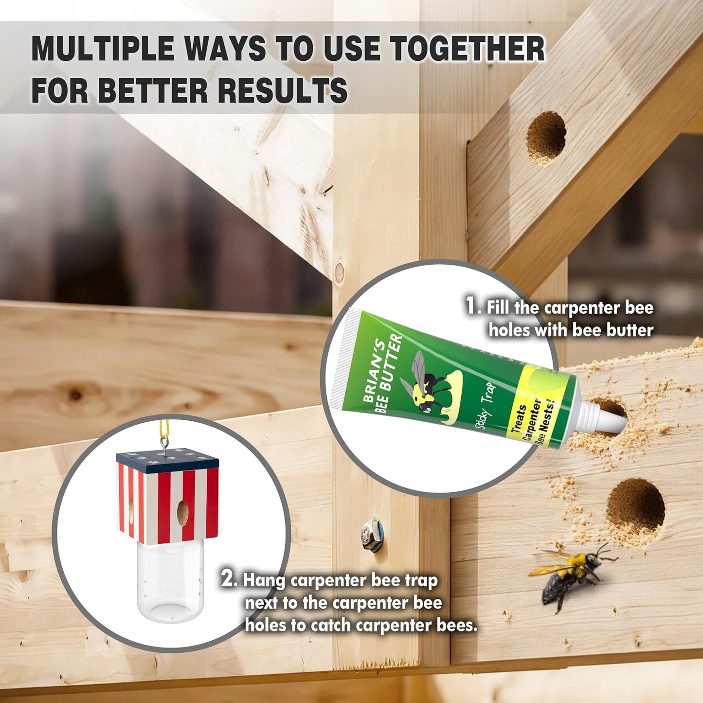2 PCS Wood Carpenter Bee Trap for Outside - Best Bee Trap - Cube Flag Style Nature Hanging Carpenter Bee Traps Plastic Jar Outdoor - Insect Traps
