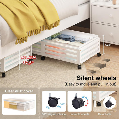Under Bed Storage with Wheels-Large Bamboo Underbed storage Containers with Large Dust Bag Stackable Under the Bed Shoe Storage Bins for Clothes Books Bedding (2 Packs Nature, 23.62"L×16.54"W× 6.51"H)
