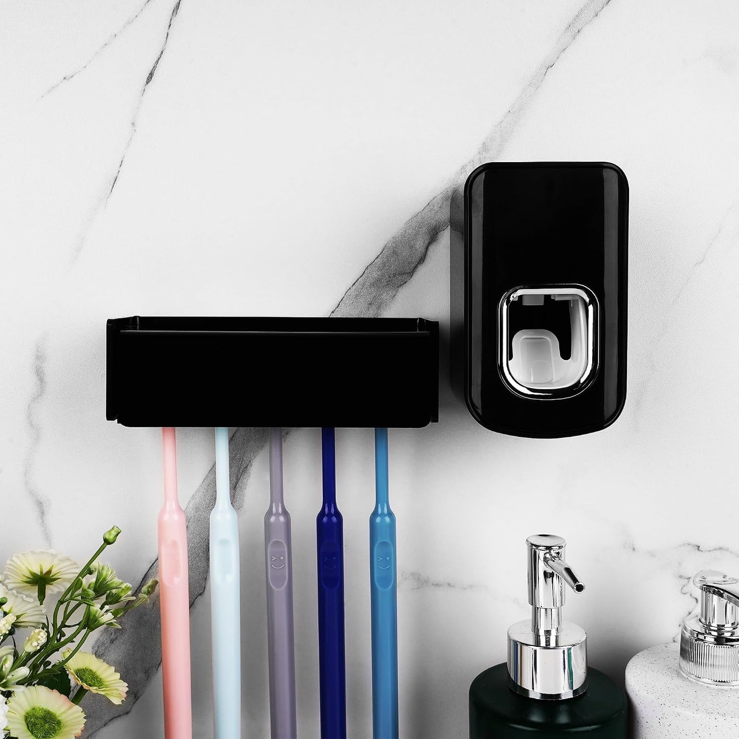 5 Slots Wall Mount Toothbrush Holder with Cover, Self Adhesive Toothbrush Storage Organizer for Shower, Toothbrush Hanger with Automatic Toothpaste Squeezer Dispenser