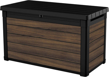 Keter Signature Everwood 30 Gallon Resin Outdoor Storage Box and Patio Furniture Side Table for Pool and Garden Accessories, Walnut