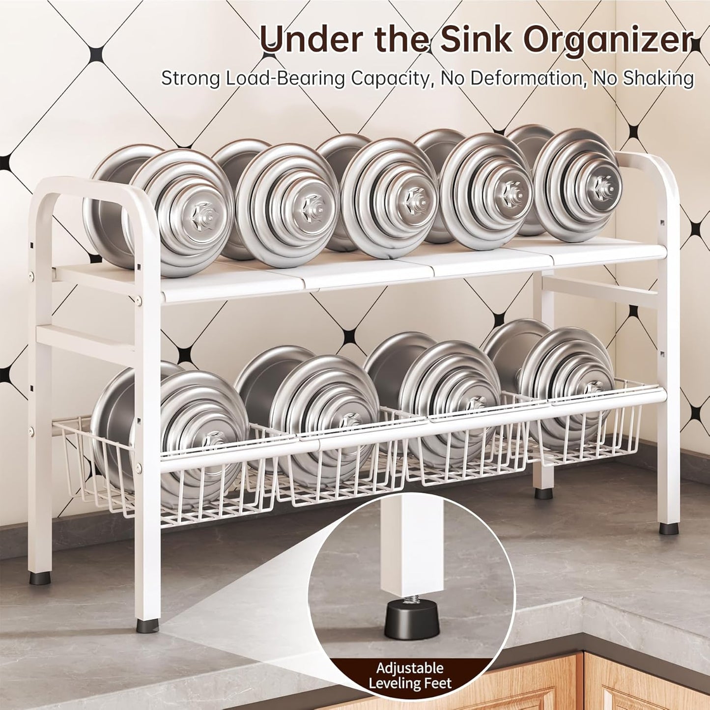 2 Tier Under Sink Organizer Expandable Length/Height Adjustable Heavy | Length/height adjustable fits any cabinet, 4 removable shelves/baskets, anti-wobble feet, for kitchen/bathroom/laundry