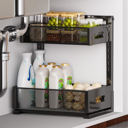 Petiza Under Sink Organizer Pull Out Cabinet Organizer Adjustable Height 2 Tier with Sliding Drawers Kitchen Bathroom Organizer and Storage(1pc)