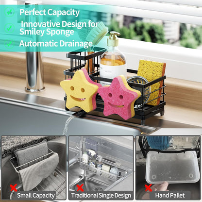 HapiRm Sponge Holder for Kitchen Sink - Self-draining Sink Caddy with Brush and Dishcloth Holders, Stainless Steel Kitchen Countertop Organizers and Storage Essentials - Black