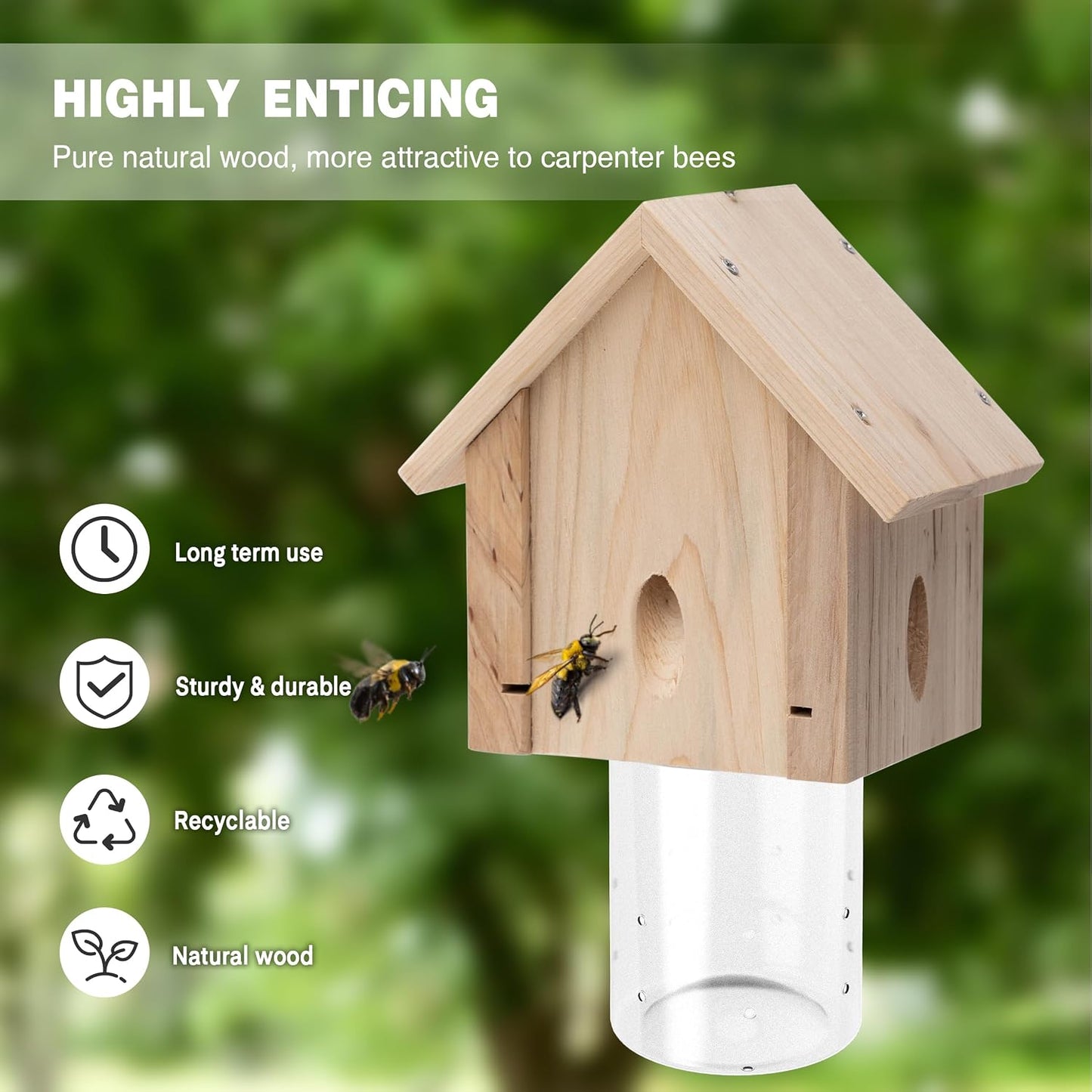 Best Bee Trap - Professional Carpenter Bee Trap for Outside - Cabin Style Nature Hanging Wood Trap for Outdoor with Removable Bee Vault (2 Pack)