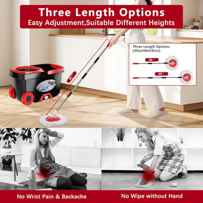 FunClean Spin Mop and Bucket,Mop and Bucket with Wringer Set for Home,360 Spinning Mopping Floor Cleaning Tool with 6 Microfiber Replacement Head Refills,61" Extended Handle, 2X Wheel - Blue