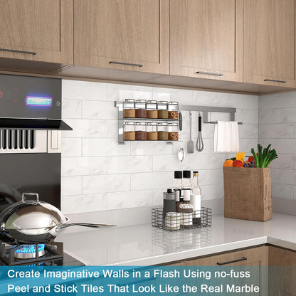 BeNice Peel and Stick Backsplash for Kitchen Tile,Peel and Stick Tiles for Walls Tile Stickers Waterproof Marble Tile Backsplash 3.85"x11.73"(16Tiles) White Gray