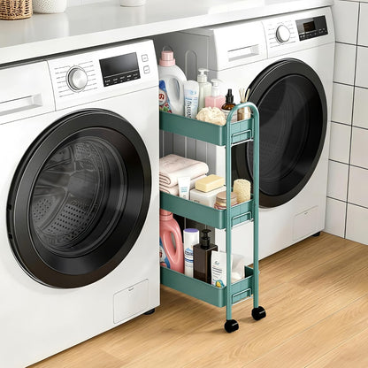 Slim Rolling Cart, Metal Frame Utility Rolling 3-Tier Narrow Storage Cart with Handle Kitchen Storage Organizer, Mobile Shelving Unit for Bathroom Kitchen