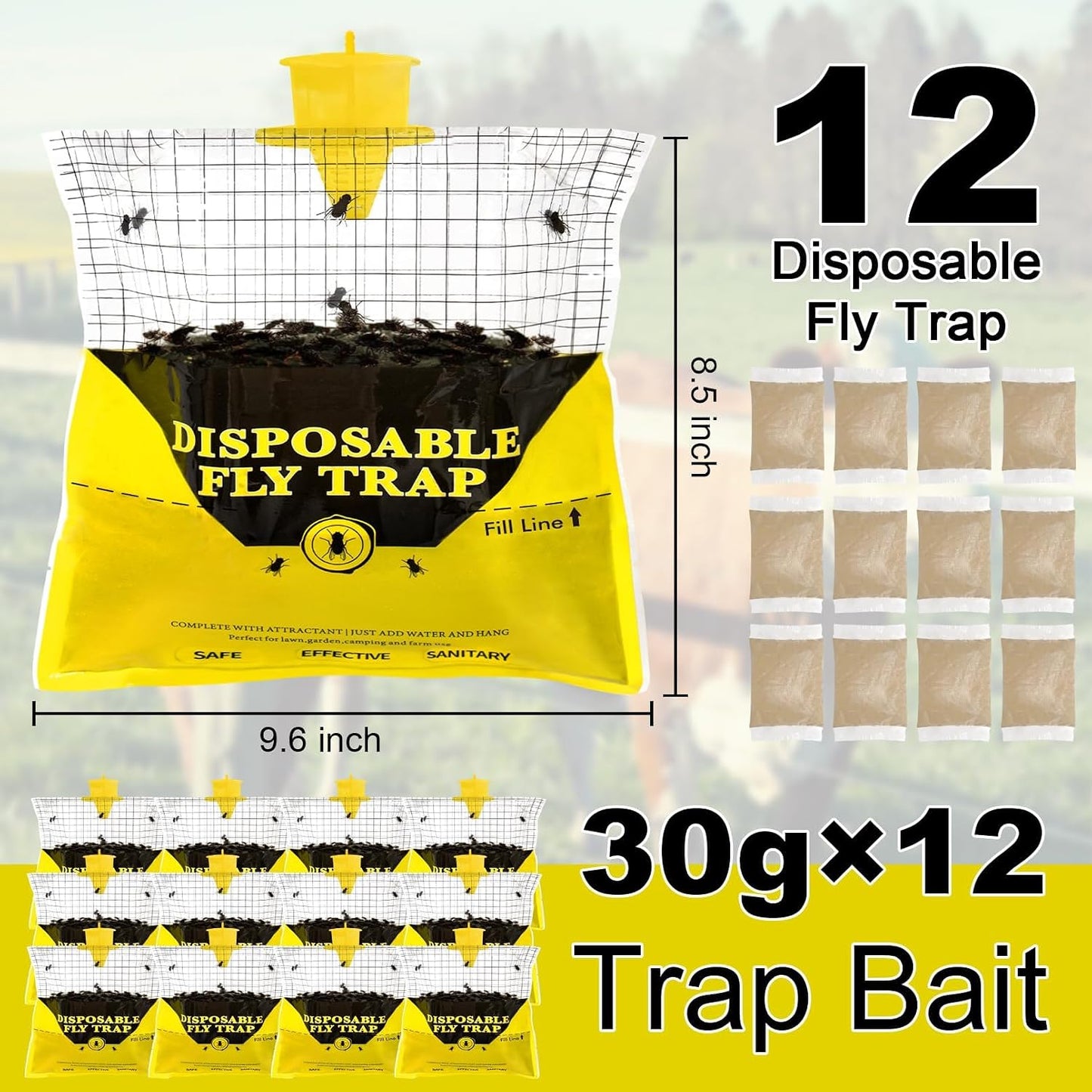 Glovv Fly Traps Outdoor Hanging with Fly Bait, 8 Pack Disposable Bags Hunter Ranch Trap, Pre-Baited Flies Bags Flies Control Bug Catcher Killer Repellent for Stable Horse Barn & Farm, All Filth Flies