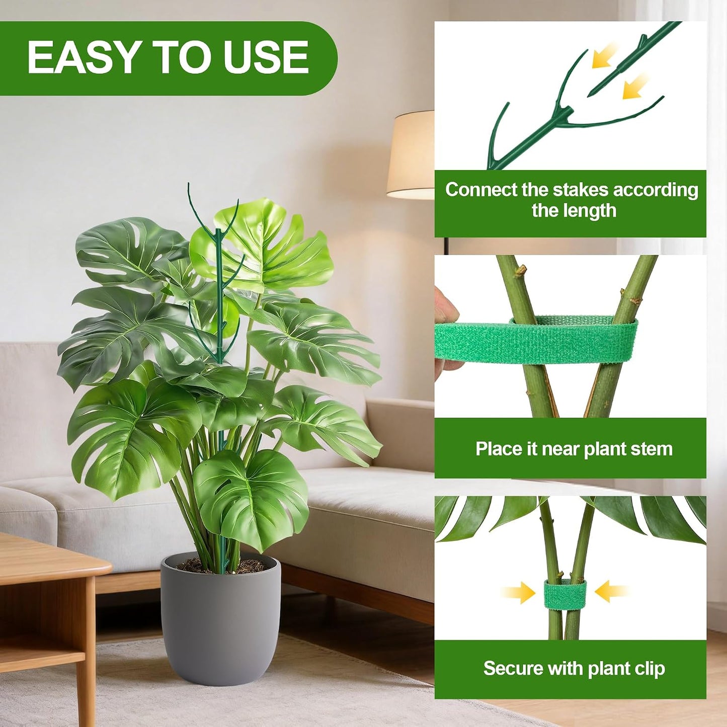 5 Pack Monstera Plant Support with 50 Clips, Stackable Plant Stakes for Indoor & Outdoor Plant, Climbing Plant Support, Plant Sticks for Pothos & Other Small Plants, Replacement for Moss Pole