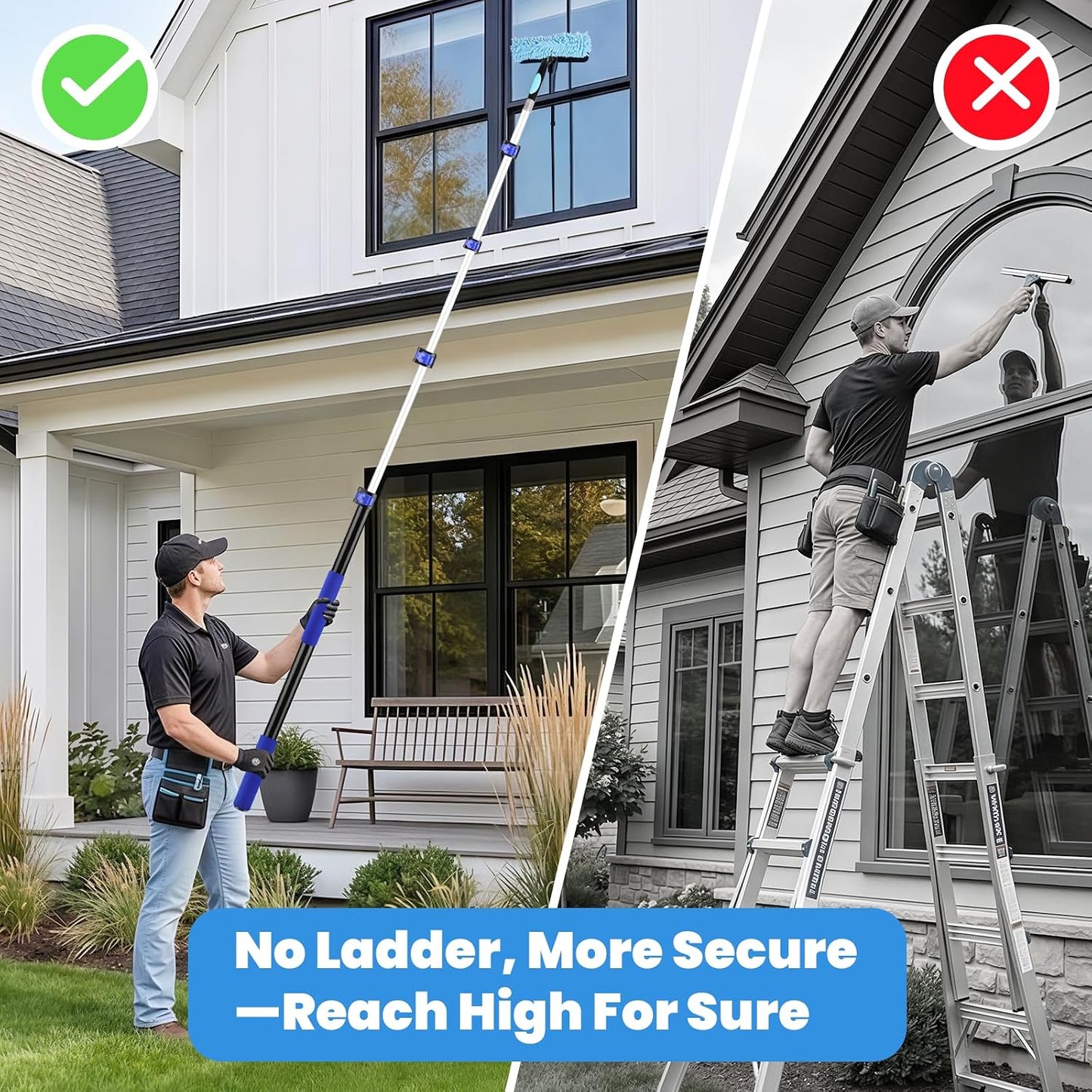 20ft High Reach Extendable Duster Kit with 5-12ft Extension Pole - Ceiling Fan Blade Cleaner, Spider Web Brush Cobweb Remover, Window Squeegee Kit with Telescoping Wand, Extended Extra Long Handle