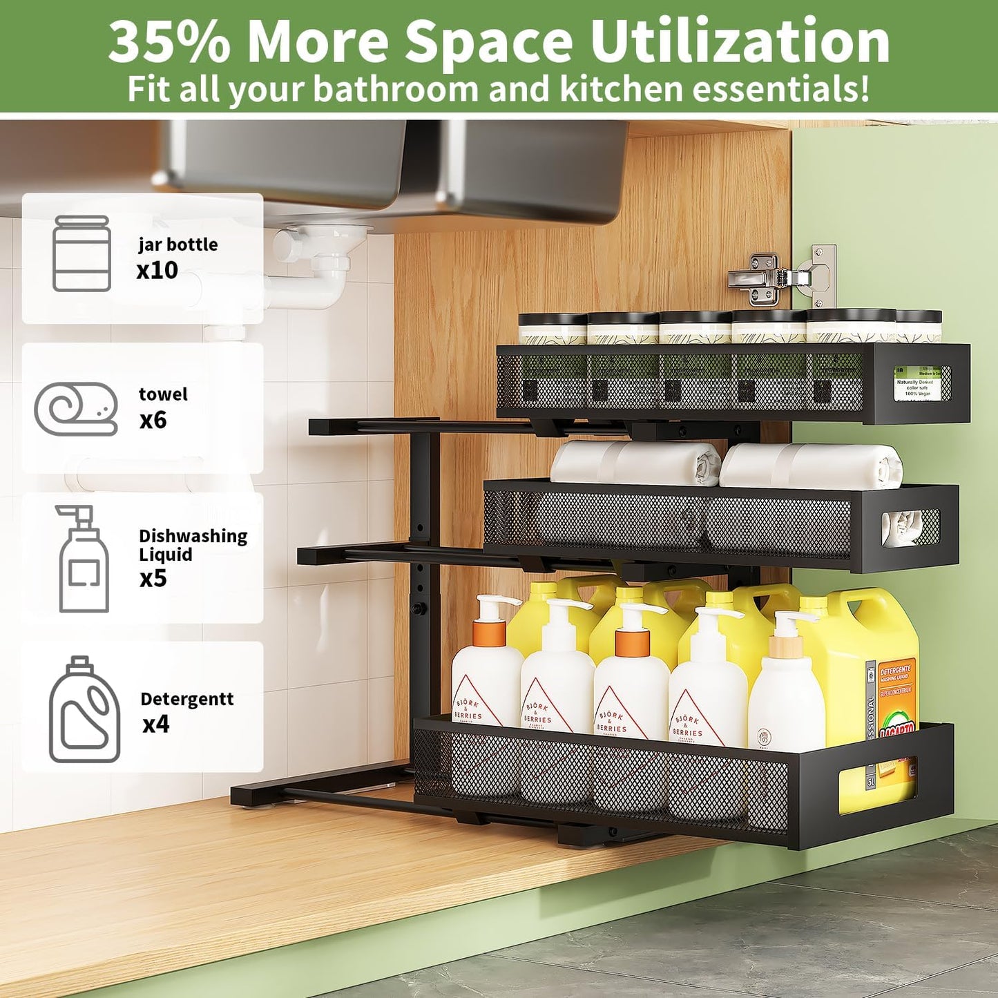 3-Tier Under Sink Organizer,2 Pack Height Adjustable Pull Out Cabinet Organizer Shelf, Thickened Metal Slide out Storage Drawer Rack for Bathroom Laundry Room Kitchen Pantry Organization (White)