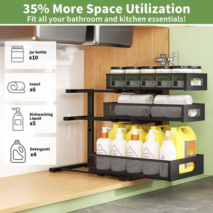 3-Tier Under Sink Organizer,2 Pack Height Adjustable Pull Out Cabinet Organizer Shelf, Thickened Metal Slide out Storage Drawer Rack for Bathroom Laundry Room Kitchen Pantry Organization (White)