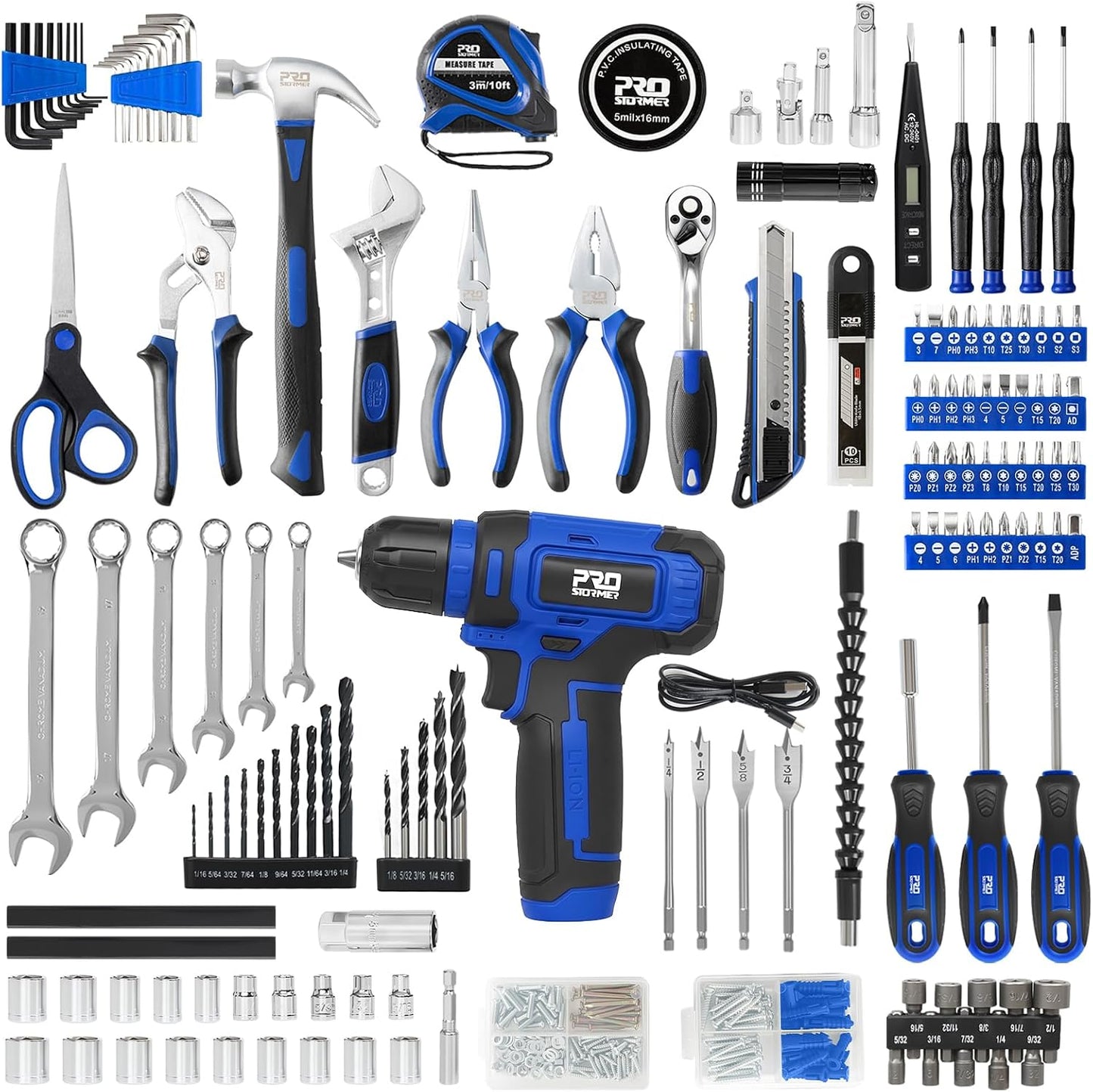 Prostormer Tool Set with 8V Cordless Drill, 369-Piece Home Tool Kit with Drill Driver, Toolbox Storage Case with Drawer, General Household Tools for Home Repairs and DIY, Handyman (Blue)