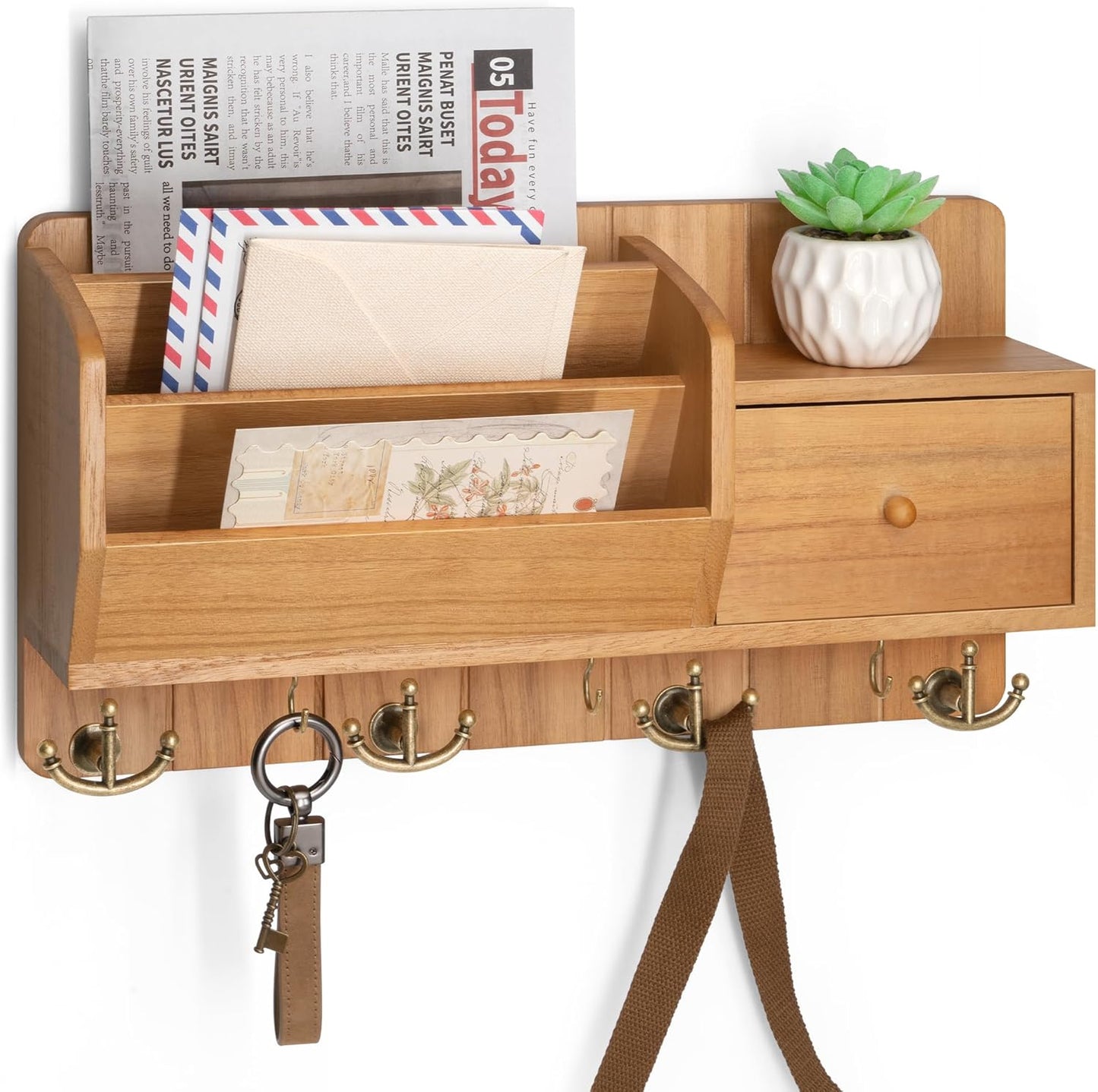 Rebee Vision Key and Mail Holder Wall Mount - Mail Organizer Wall Mount with Storage Hooks and Drawer for Modern Farmhouse Decor - Mail Organizer Wall Mounted for Rustic Apartment Essentials (Brown)