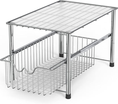DecoBrothers Stackable Under Sink Organizer with Sliding Basket, Chrome