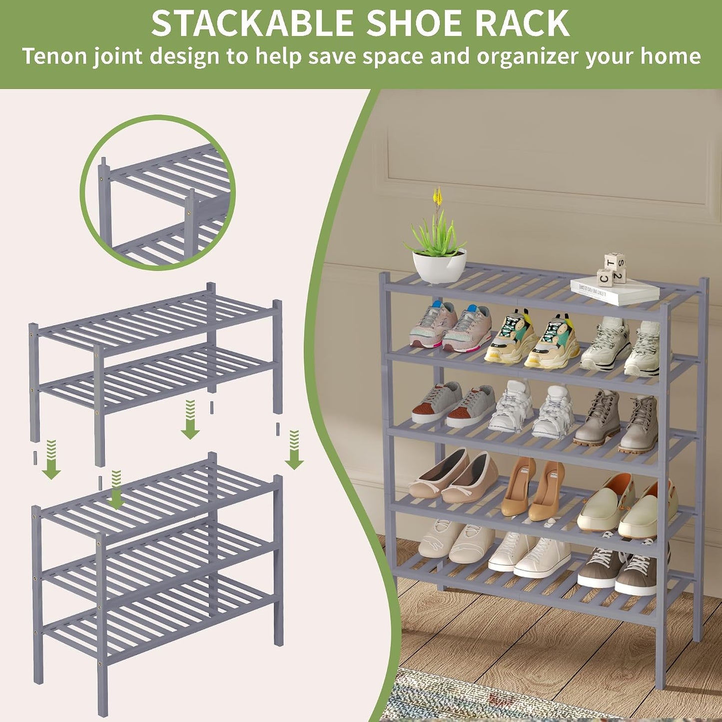 ROMGUAR CRAFT 3 Tier Bamboo Shoe Rack for Closet Free Standing Wood Shoe Shelf Storage Organizer for Entryway Small Space Stackable 27"x11"x20" (Natural)
