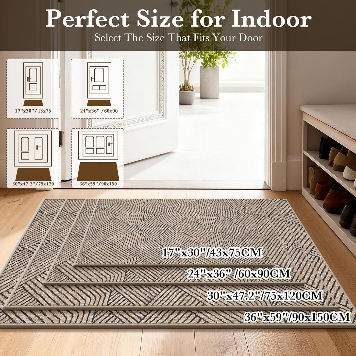 Indoor Door Mat 17"x30", Low-Profile Thin Welcome Front Door Mat Indoor Entrance, Non Slip Rubber Backing Inside Doormat Washable Entryway Dirt Resistant & Absorbent Entry Mat, Light-Brown