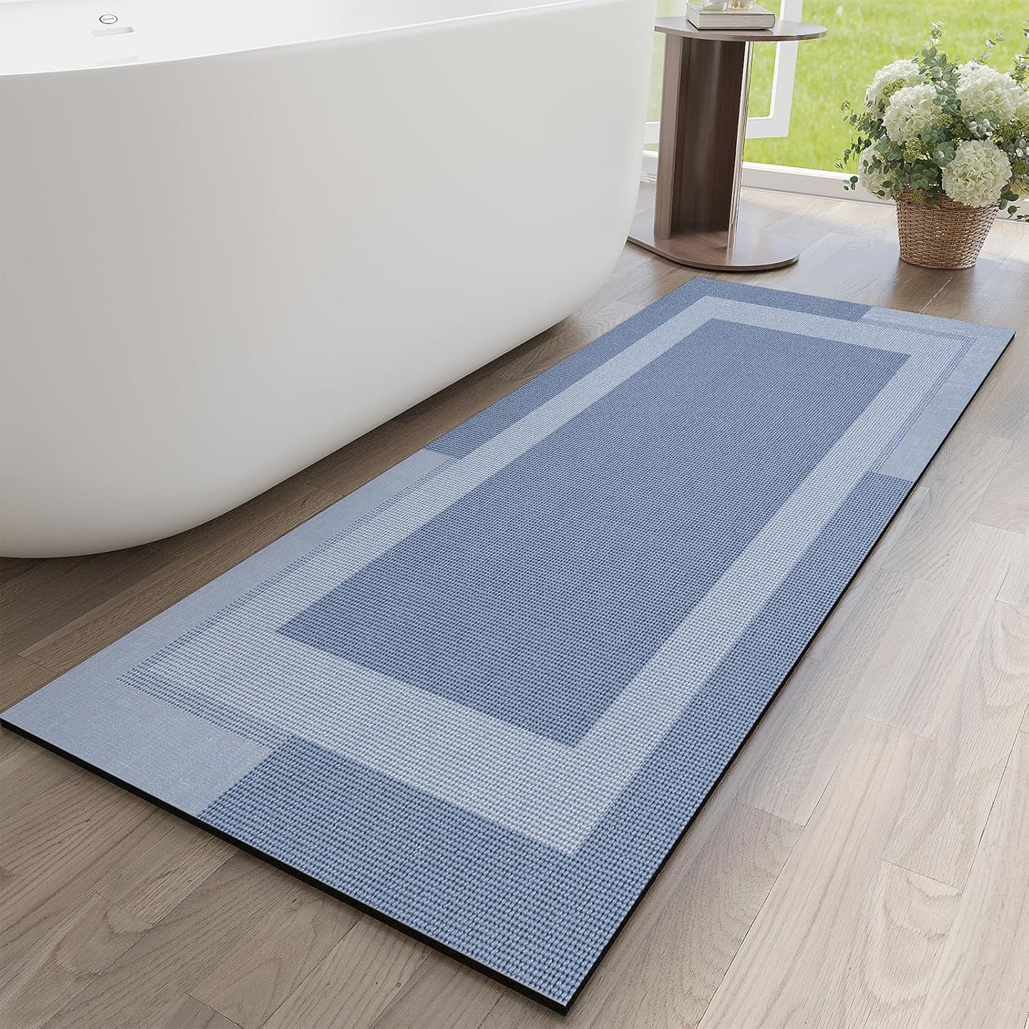 YDKGL Non Slip Bath Mat, Rubber Backing Ultra Thin Bathroom Rugs Fit Under Door Quick Dry Super Absorbent Washable Bath Rug Shower Mat for Bathroom Floor Bathtub Shower Sink, Easy Care Blue 16"x 24"