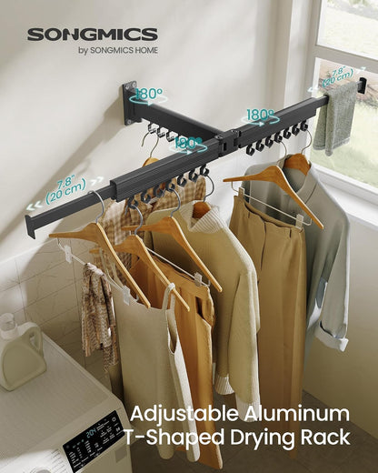 SONGMICS Clothes Drying Rack, Wall-Mounted Laundry Drying Rack, Extendable, Foldable Arms, with 21 Swivel Sliding Hooks, Space-Saving, for Laundry Room, Bathroom, Cloud White ULLR807W01