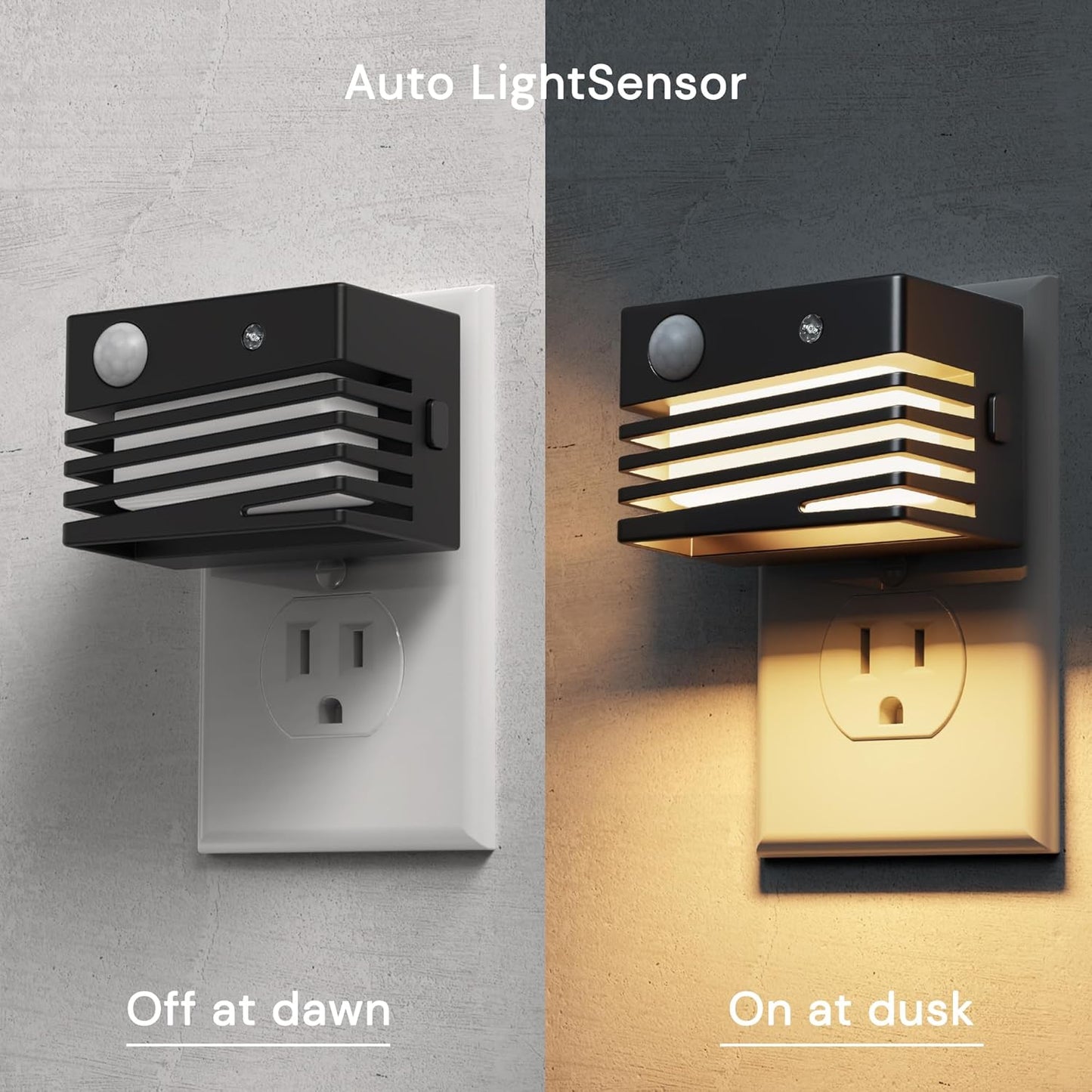 L LOHAS LED Motion Sensor Night Lights, [2 Pack] Dimmable Night Light Plug into Wall with Dusk-to-Dawn Sensor, Adjustable Brightness, 3000K Plug in Nightlight for Bedroom Bathroom Hallway (Black)