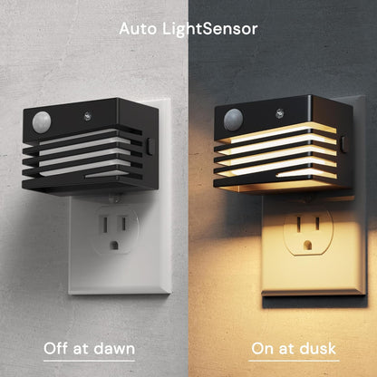 L LOHAS LED Motion Sensor Night Lights, [2 Pack] Dimmable Night Light Plug into Wall with Dusk-to-Dawn Sensor, Adjustable Brightness, 3000K Plug in Nightlight for Bedroom Bathroom Hallway (Black)