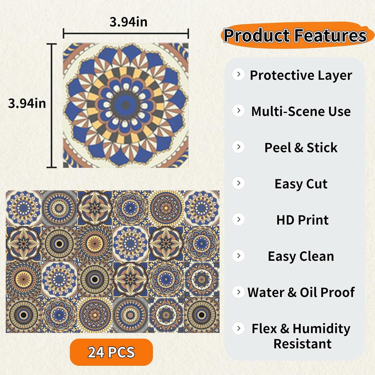 PVC Peel and Stick Tile Stickers 24Pcs Waterproof Removable Backsplash Wall Decals Self-Adhesive Subway Stickers for Kitchen Bathroom RV Instant DIY Upgrade Sticker (Style D, 3.94 x 3.94 Inch)