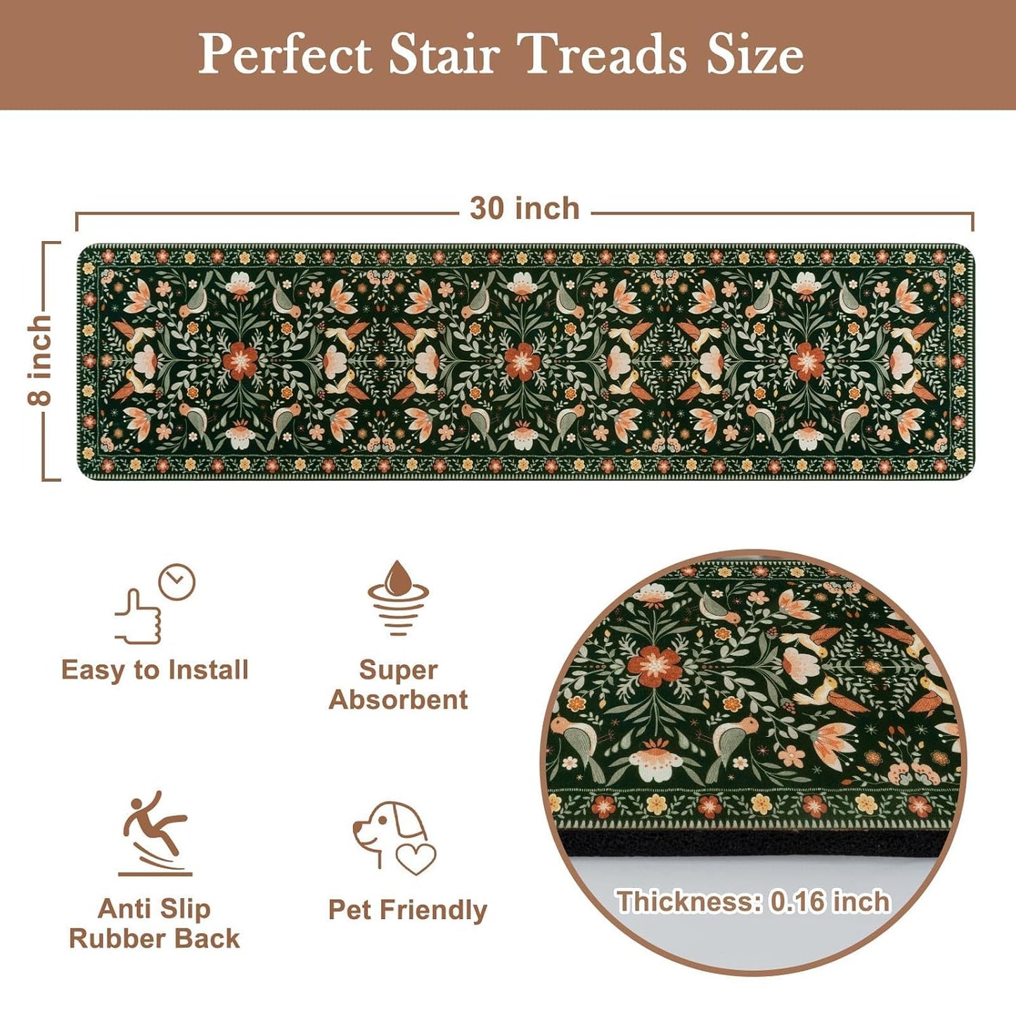 OJIA Floral Stair Treads Non-Slip Stair Runner for Wooden Steps Indoor 15PCS 30"x8" Carpet Stair Treads Stair Mats Staircase Step Treads for Kids, Elders and Dogs, Stair Covers, Black