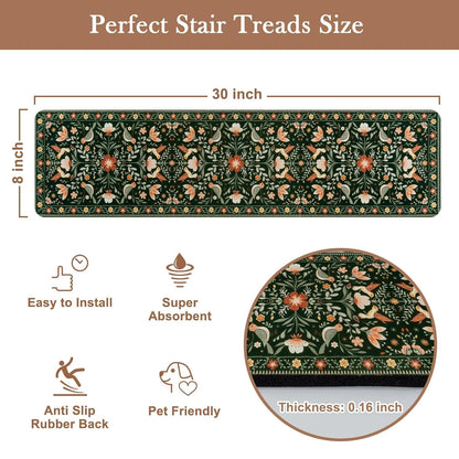 OJIA Floral Stair Treads Non-Slip Stair Runner for Wooden Steps Indoor 15PCS 30"x8" Carpet Stair Treads Stair Mats Staircase Step Treads for Kids, Elders and Dogs, Stair Covers, Black