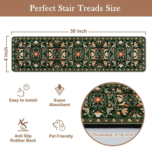 OJIA Floral Stair Treads Non-Slip Stair Runner for Wooden Steps Indoor 15PCS 30"x8" Carpet Stair Treads Stair Mats Staircase Step Treads for Kids, Elders and Dogs, Stair Covers, Black
